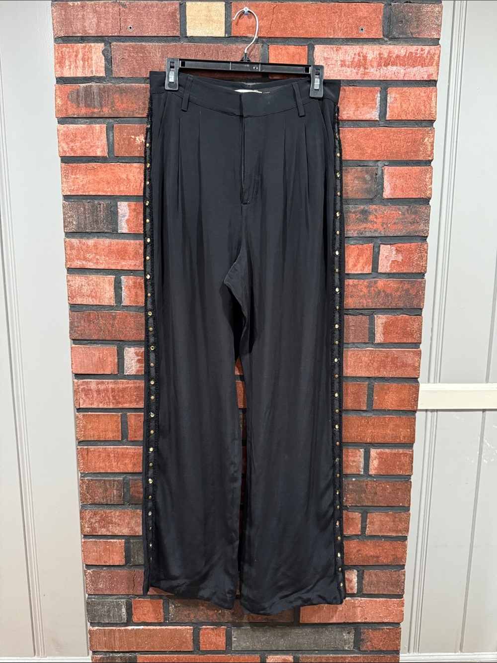 Black Men's Wide-Leg Pants with Side Stud Trim